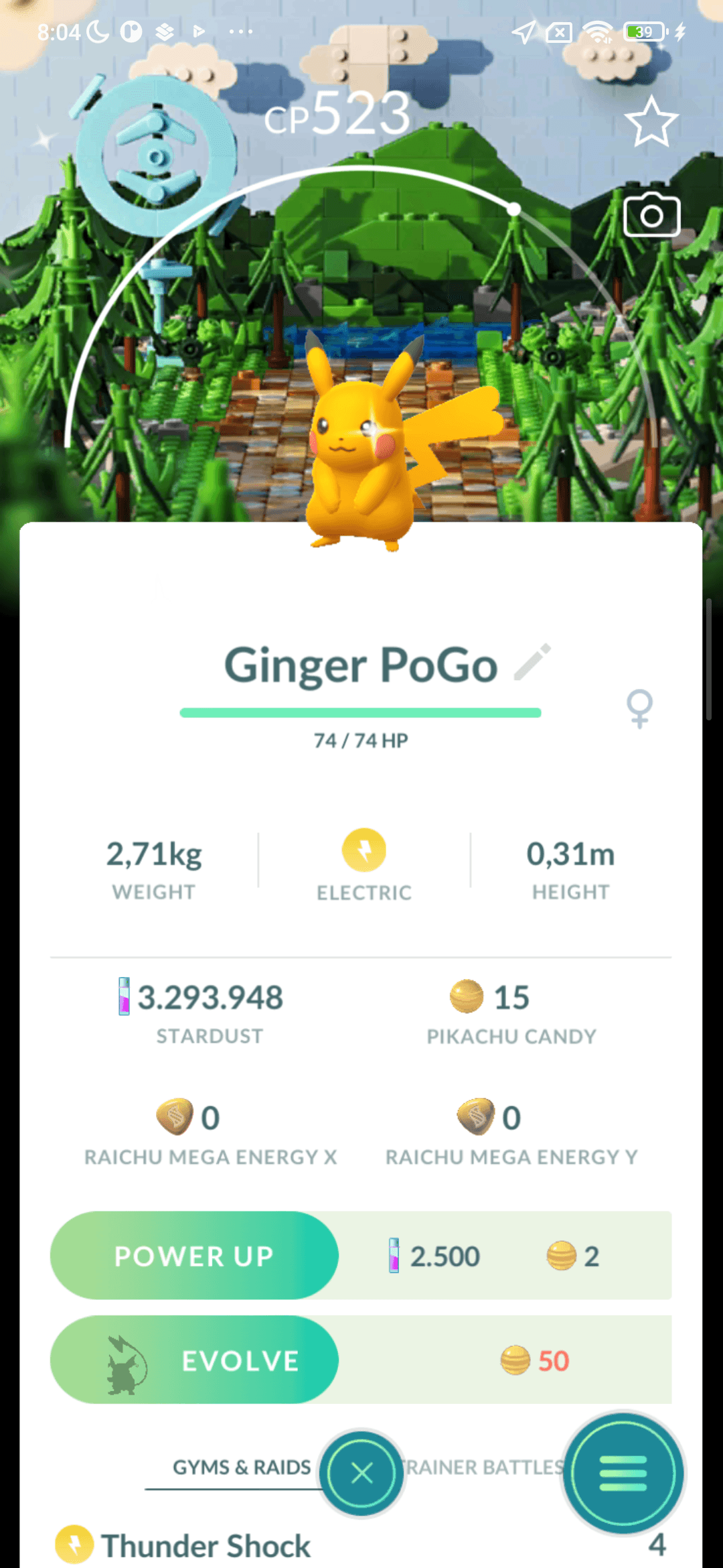 Pikachu Shiny — nền LEGO