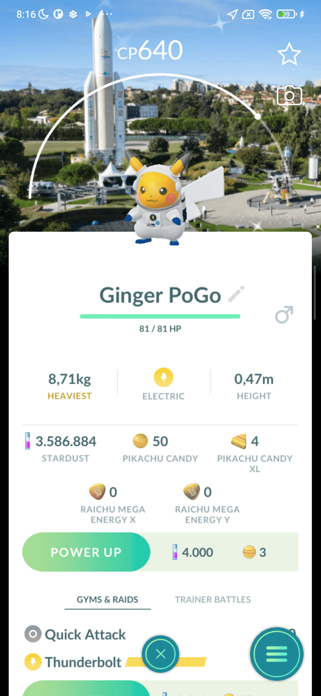 Pikachu Shiny phi hành gia — nền ESA Cité de l'espace
