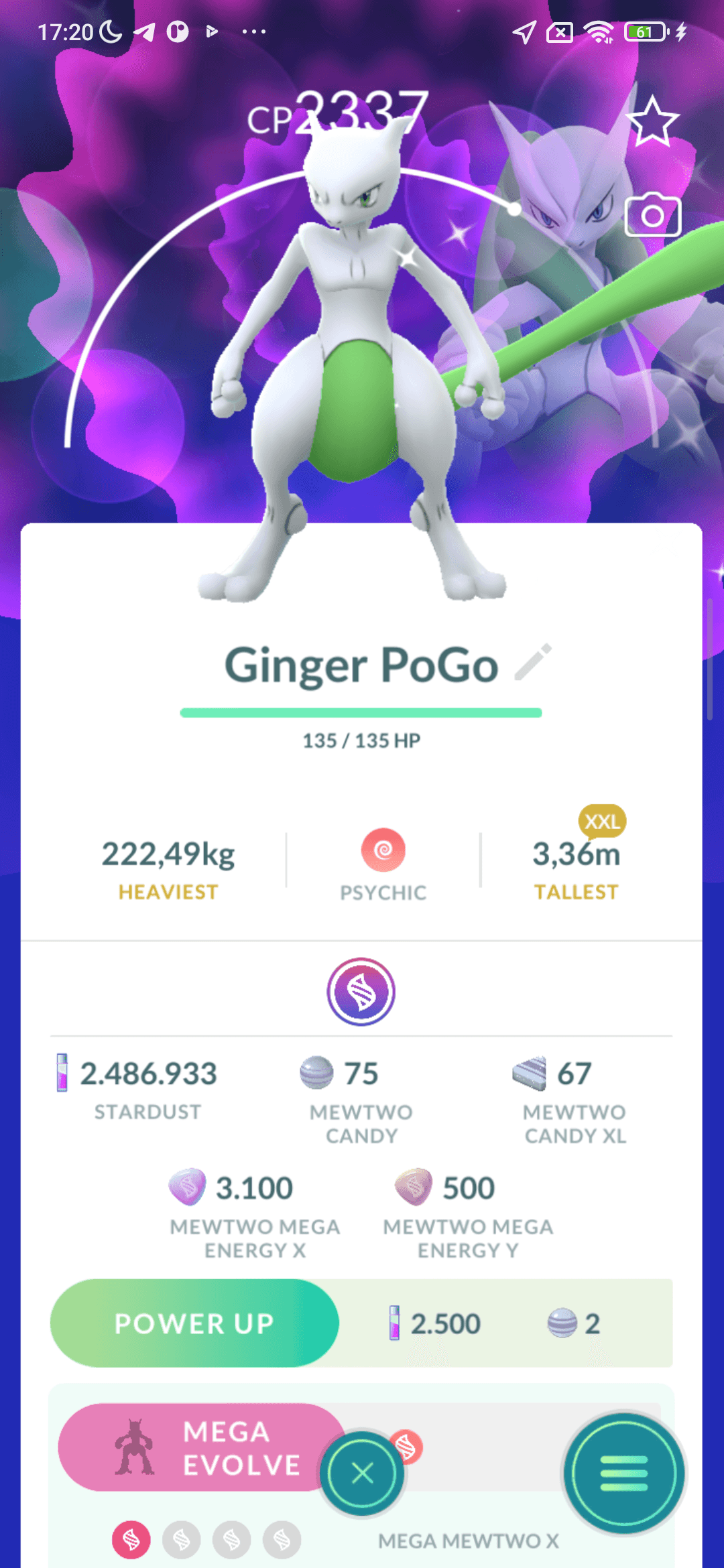 Mewtwo Shiny — cỡ XXL