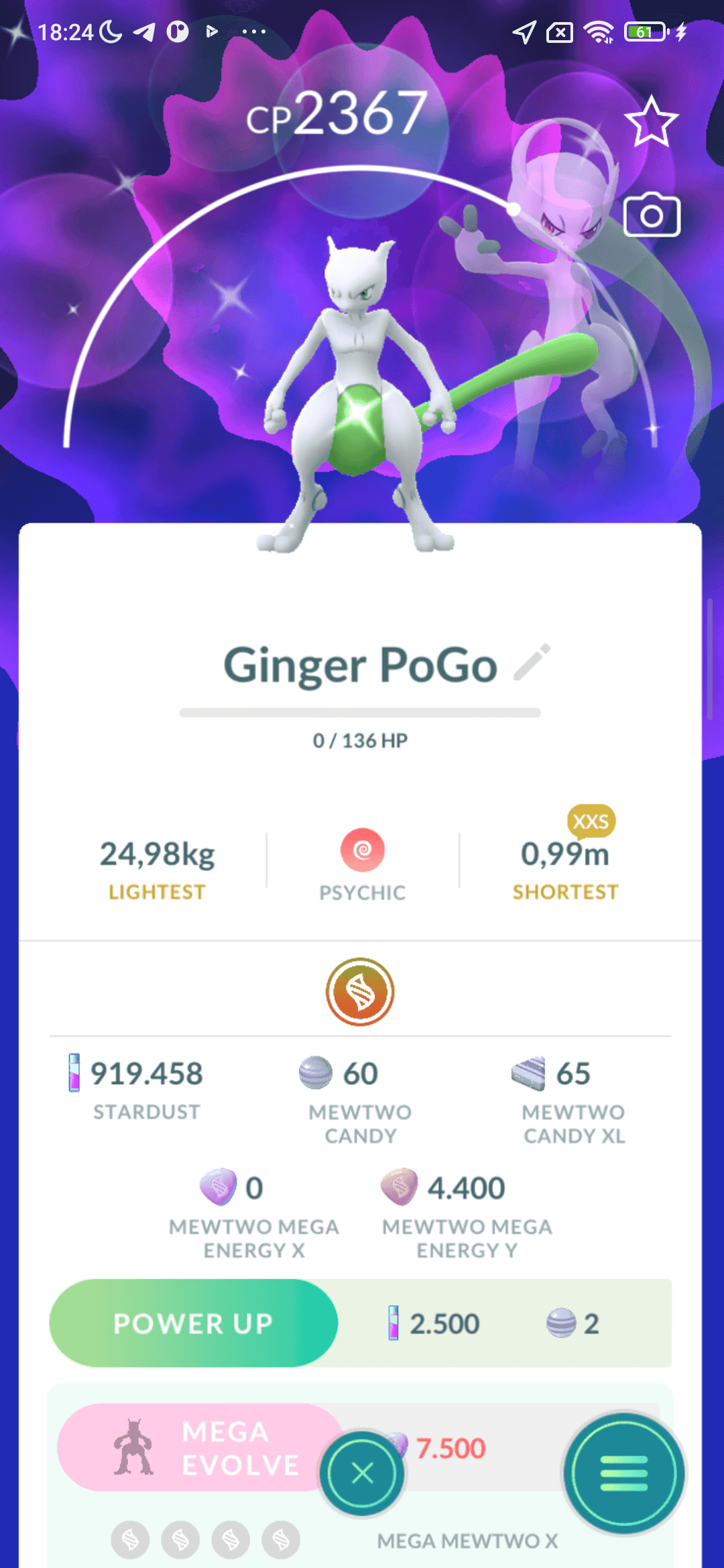 Mewtwo Shiny — cỡ XXS