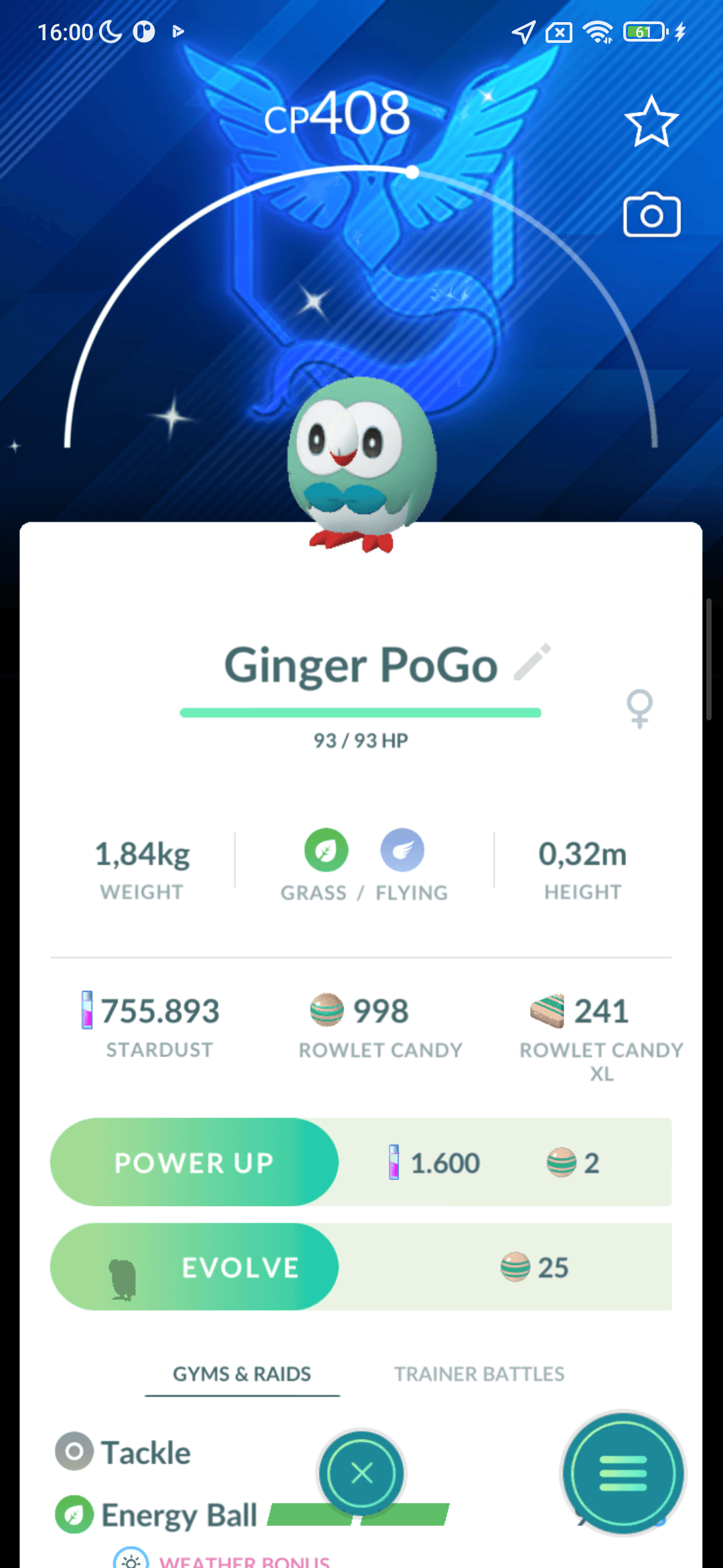 Rowlet Shiny — nền Mystic